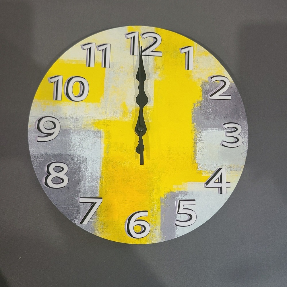 New 10 Inch Abstract Art Wall Clock Silent Non-Ticking Yellow Grey Modern